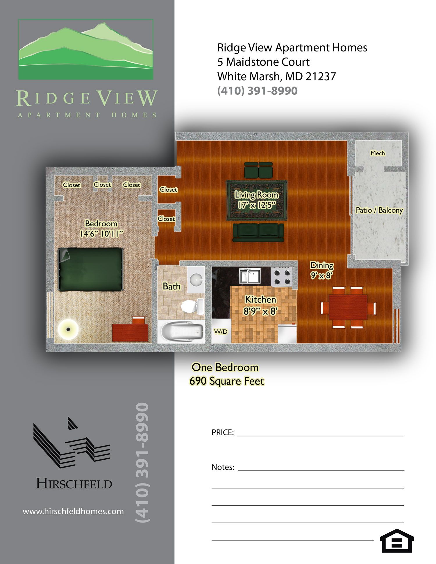 apartmentwhitemarshmd1bedroomfloorplanRidgeView1BR690 Hirschfeld