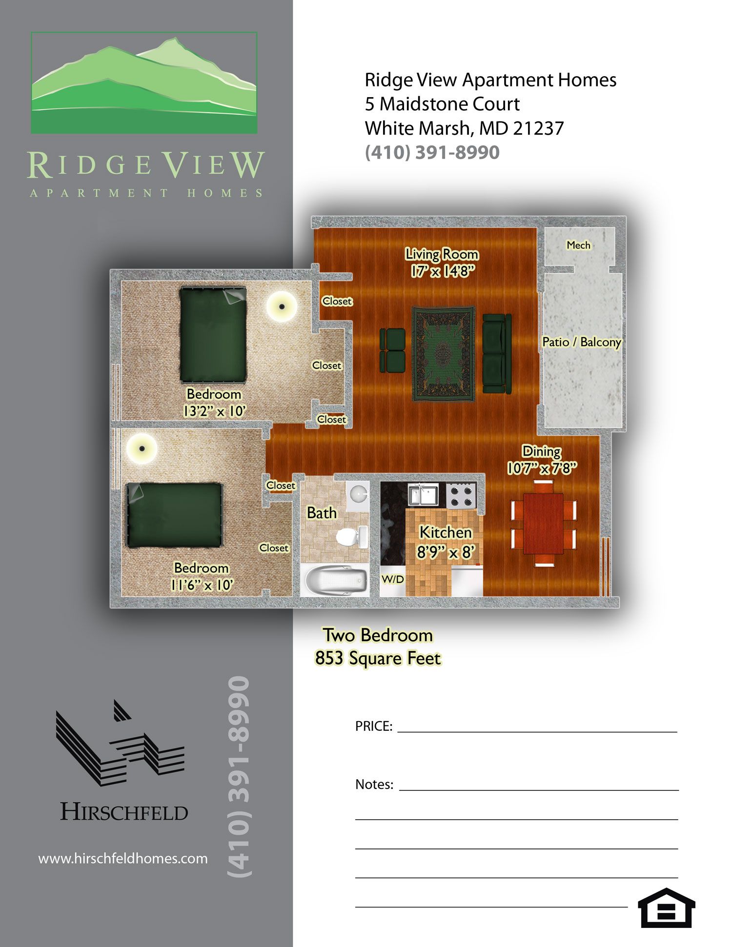 apartmentwhitemarshmd2bedroomfloorplanRidgeView2BR853 Hirschfeld