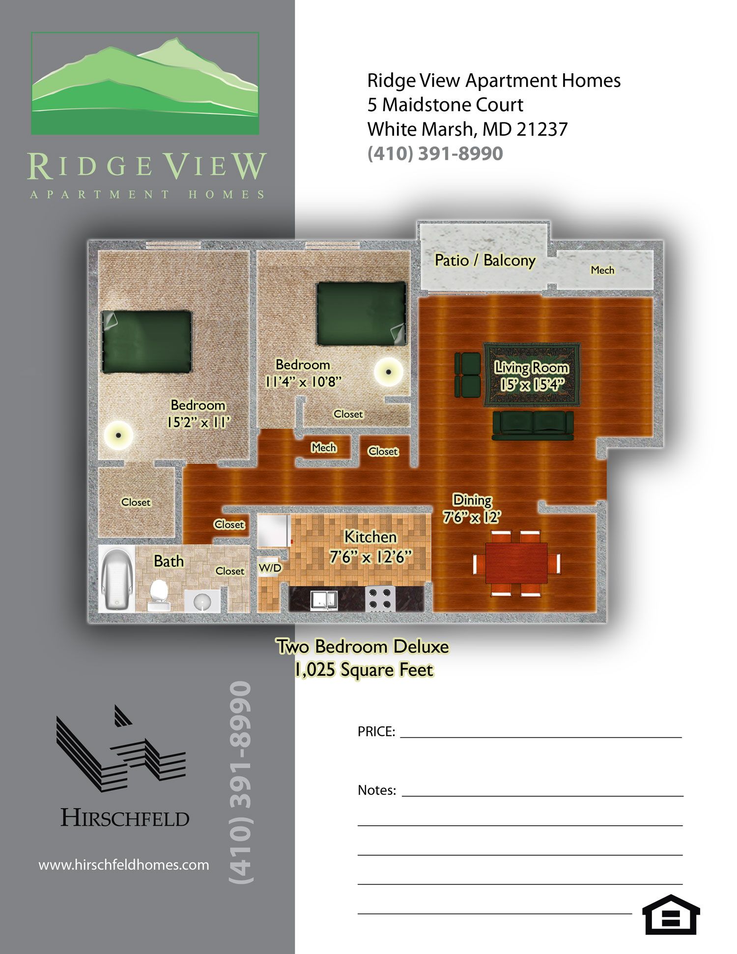 apartmentwhitemarshmdTwoBedroomfloorplanRidgeView2BR1025