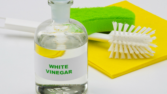 bottle of white vinegar sponge scrubber towel