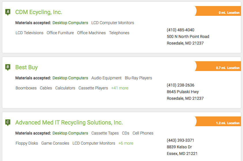 examples of places that will accept computers for recycling in White Marsh Baltimore Maryland area