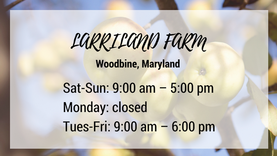 larriland farm woodbine maryland saturday through sunday 9 am until 5 pm monday closed tuesday through friday 9 am until 6 pm