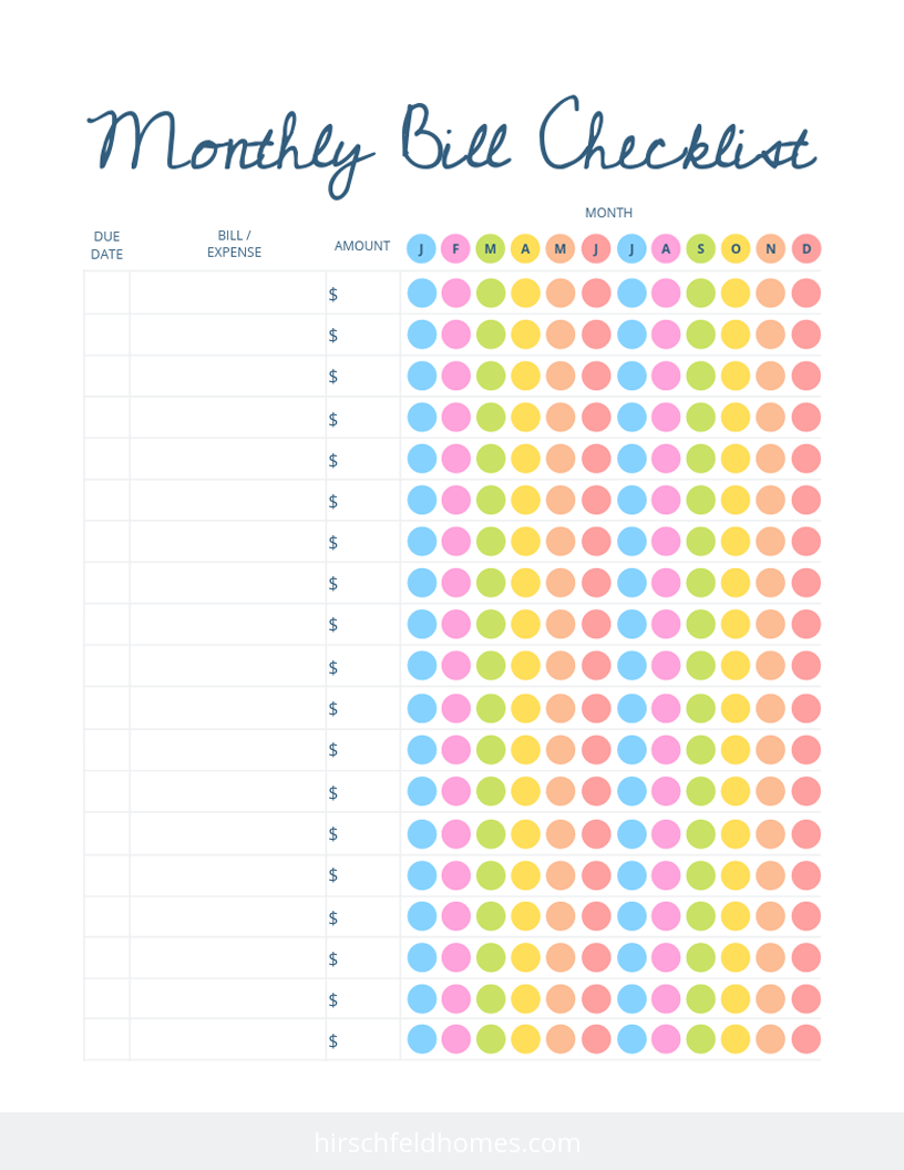 Free Monthly Bill Checklist Hirschfeld
